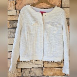 Catherine Malandrino Cream Tweed Textured Fringe Jacket Coastal Quiet Luxury